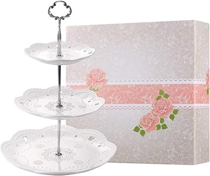 BonNoces 3-Tier Porcelain Cupcake Stand Serving Tray - White Embossed Elegant Dessert Cake Stand ... | Amazon (US)