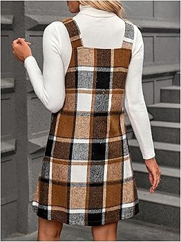 MakeMeChic Women's Plaid V Neck Zipper Dress Sleeveless Fall Vest Mini Dresses | Amazon (US)