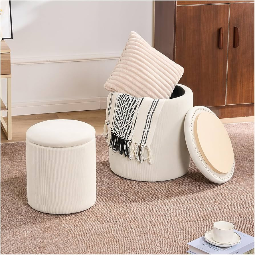 Ottoman with Storage Set of 2, Upholstered Corduroy Velvet Vanity Stool, Small Footrest Round Ott... | Amazon (US)