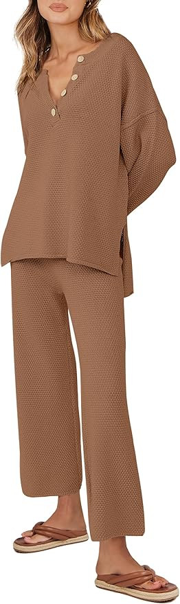 ANRABESS Women 2 Piece Outfits Oversized Loose waffle Knit Sweater Set 2024 Fall Trendy Matching ... | Amazon (US)