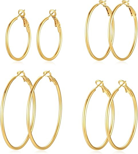 4 Pairs Silver Gold Hoop Earrings for Women | 14K Gold Plated Hoop Earrings Set Hypoallergenic Ea... | Amazon (US)