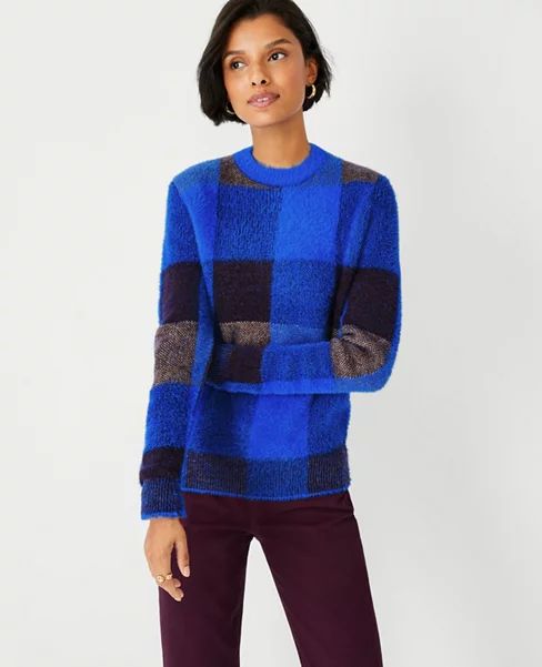 Checked Fuzzy Crew Neck Sweater | Ann Taylor (US)