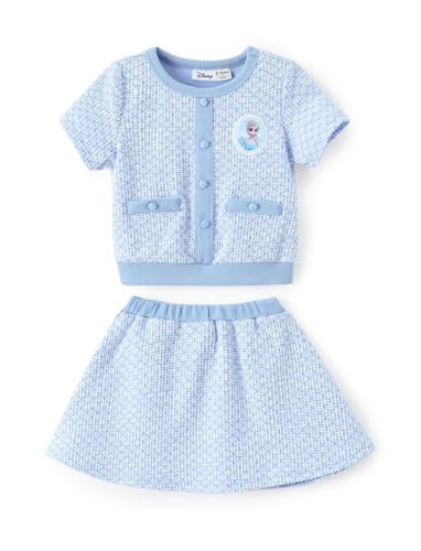 Disney Frozen Elsa Toddler Girl 2 Piece Outfit Blue Short Sleeve Character Print Button Knit Top & Tweed Skirt Set Birthday Party Elegant Dress Theme Park Costume Summer Holiday Clothes Gift 4-5T | Amazon (US)