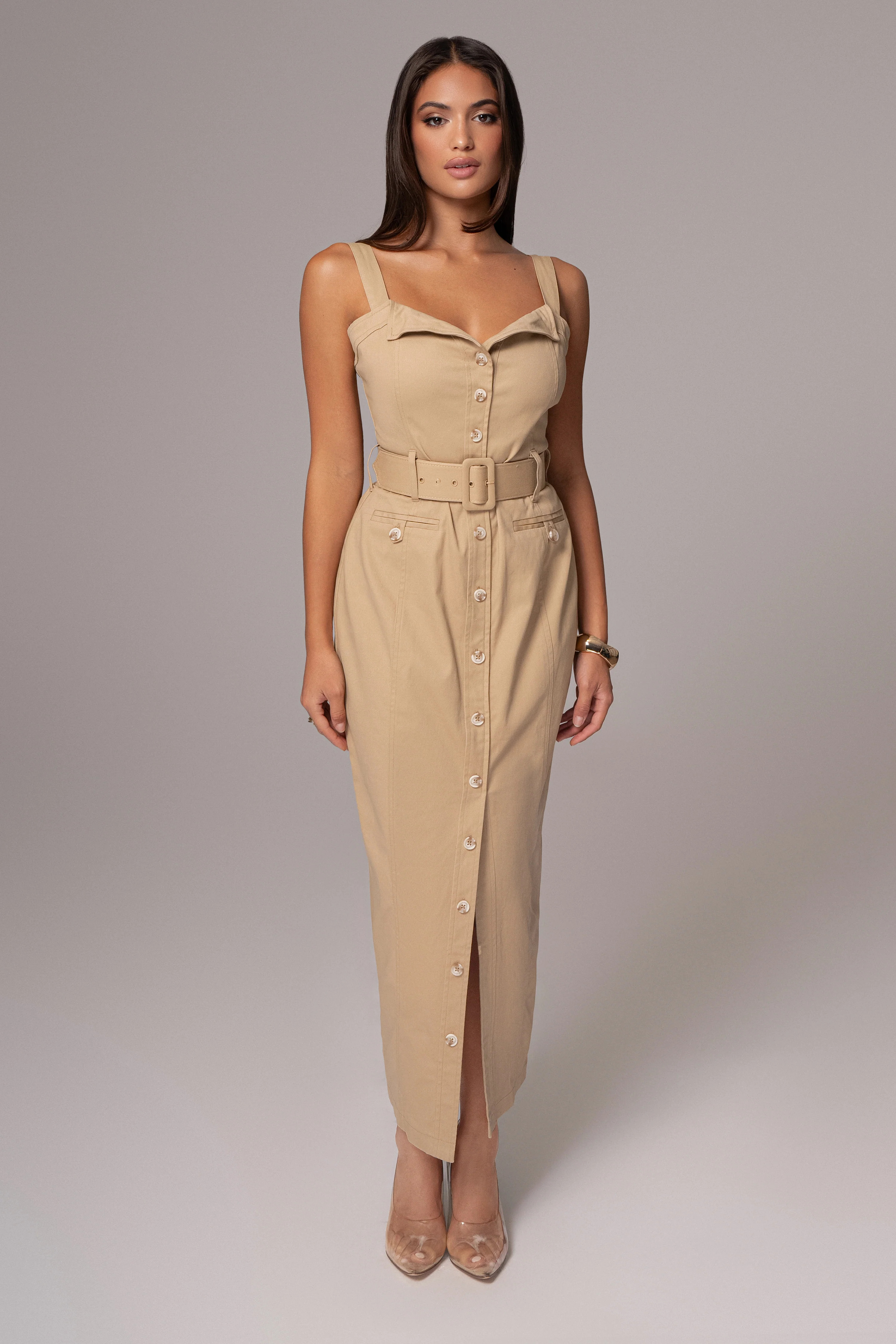 Khaki Forever Summer Belted Dress | JLUXLABEL