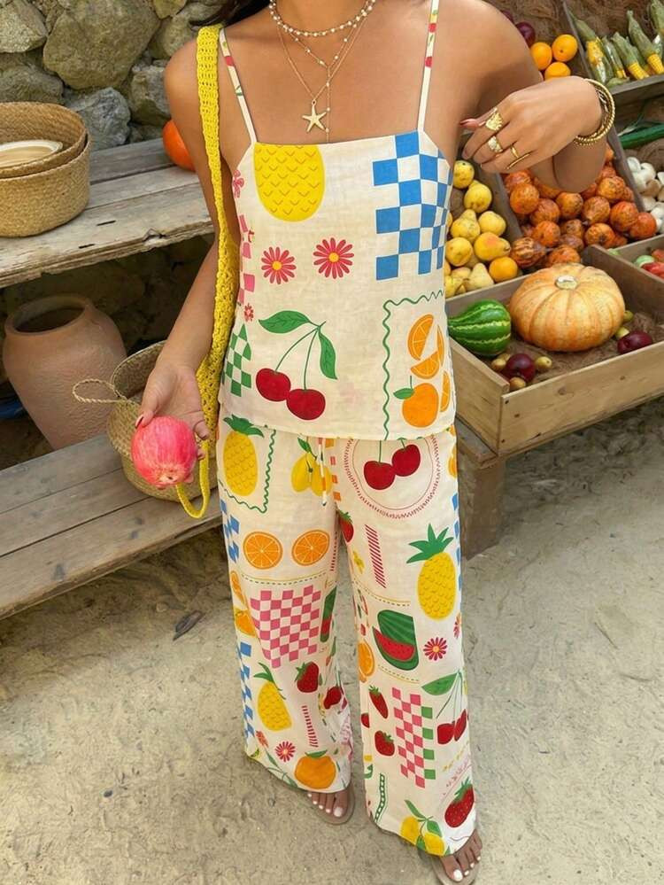 Sommer Dopamin Früchte Muster Camisole Top & Weite Bein Hose Co-Ords, Bunte Tropische Strandurlaubs 2-Teilige Outfits | SHEIN