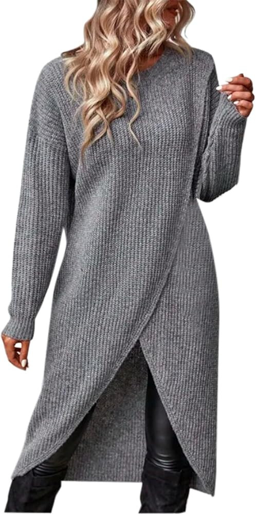 Womens Cable Knit Long Sweater Dress Long Sleeve High Slit Asymmetric Hem Thermal Casual Knitwear... | Amazon (US)