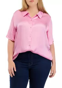 ENGLISH FACTORY Plus Size Elbow Sleeve Satin Button Front Shirt | Belk