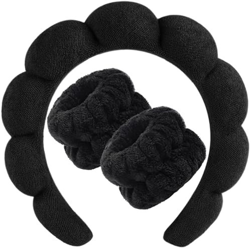 Zkptops Spa Headbands for Washing Face or Facial Sponge Makeup Skin Care Headband Wristband Set Towel Bubble Soft Sponge Hairband for Women Girls Puffy Winter Non Slip Thick Thin Hair Accessory(Black) | Amazon (US)