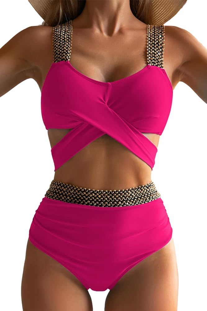 Eomenie Women Two Piece Criss Cross Wrap Bathing Suits, High Waisted Tummy Control Bikini Set Tie... | Amazon (US)