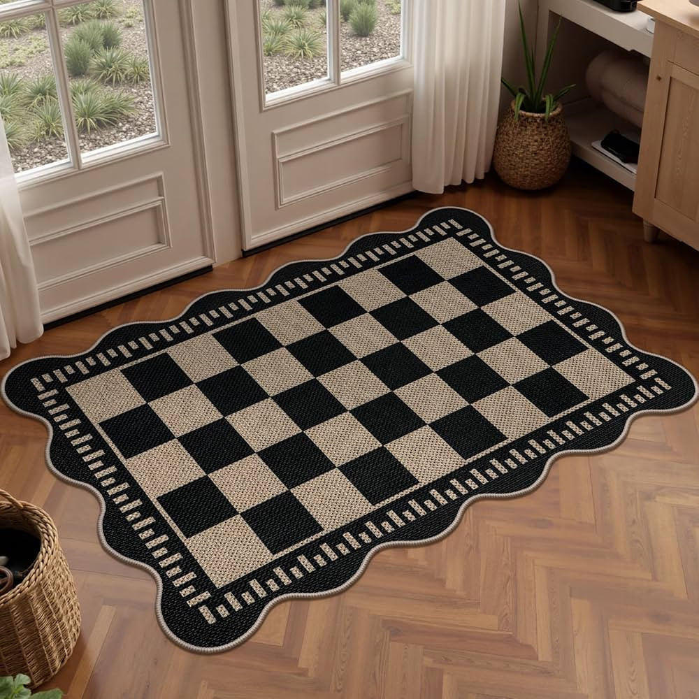 Checkered Easy Jute Kitchen Rug, Scalloped 2x3 Non Slip Washable Door Mat Neutral Black Indoor Ou... | Amazon (US)