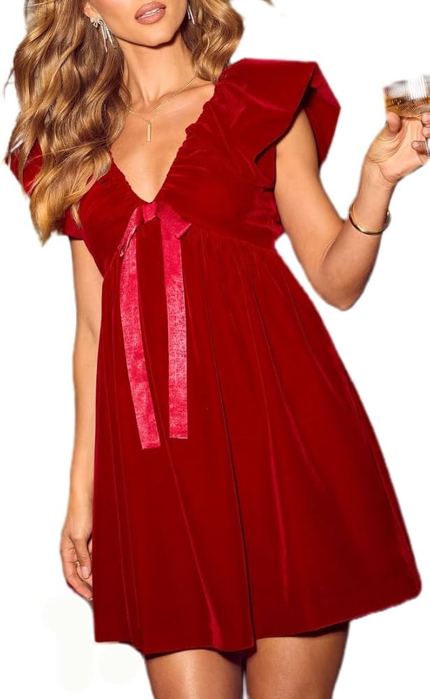 Women's Bow Mini Dress Deep V Neck Short Puff Sleeve Babydoll Dress Romantic Holiday Bowknot Casu... | Amazon (US)
