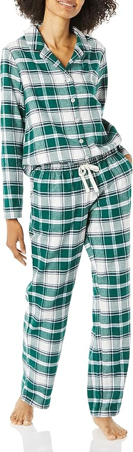 Amazon Essentials Womens Flannel Long-Sleeve Button Front Shirt and Pant Pajama Set | Amazon (US)