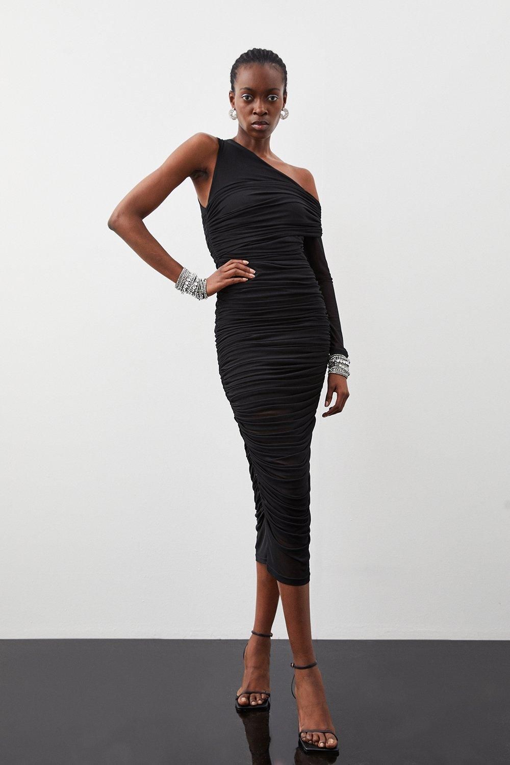 Ruched Mesh Asymetric Jersey Maxi Dress | Karen Millen UK + IE + DE + NL