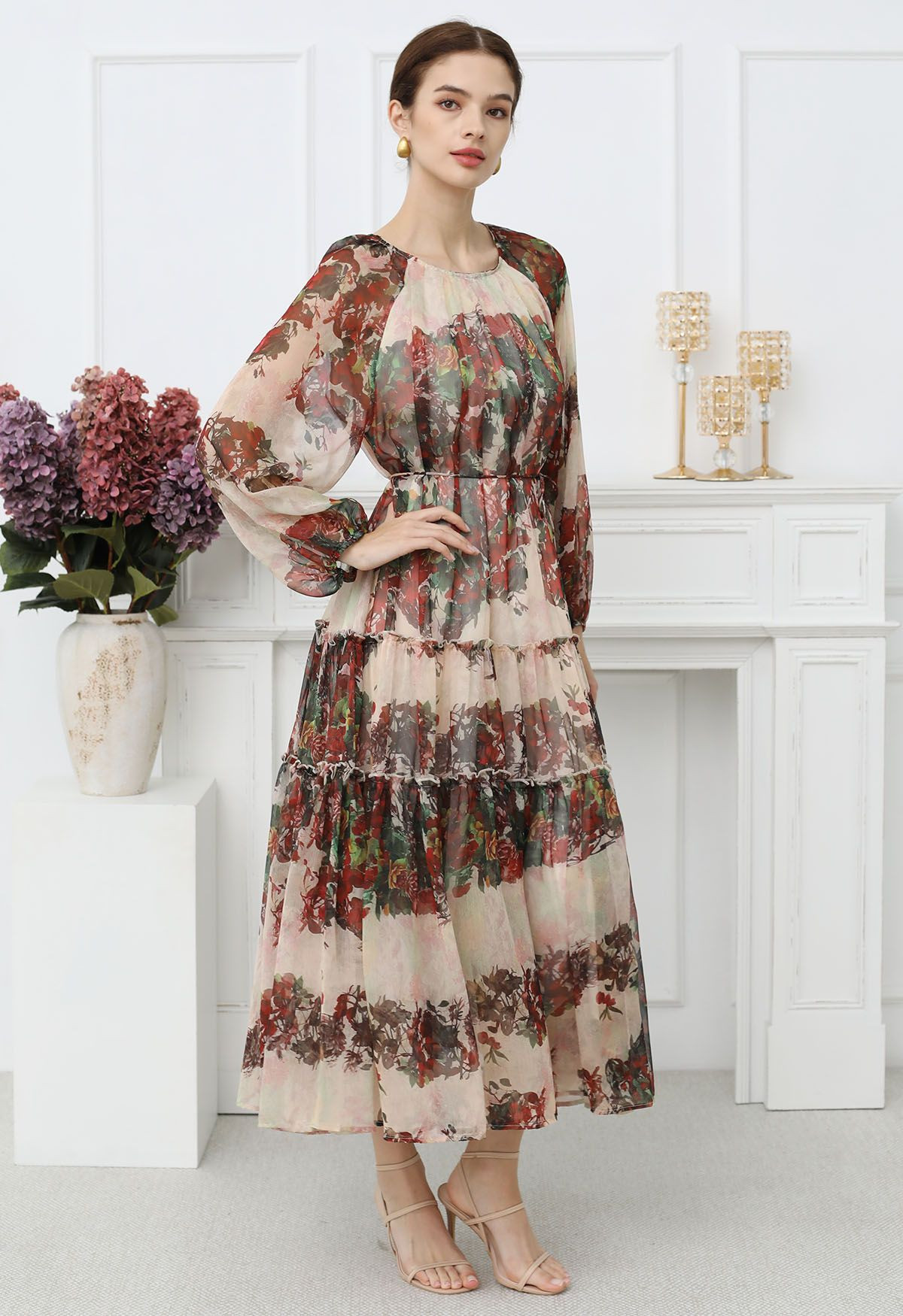 Crimson Bloom Puff Sleeve Ruffle Chiffon Maxi Dress | Chicwish