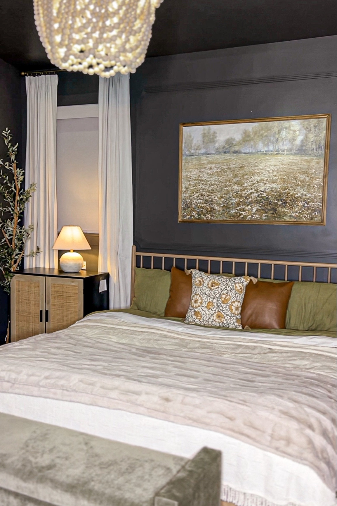 Primary bedroom inspo. Moody bedroom. Wall color urbane bronze. Amazon side tables. Article bed frame. Pinch pleat curtains  

#LTKhome #LTKfindsunder100 #LTKfindsunder50