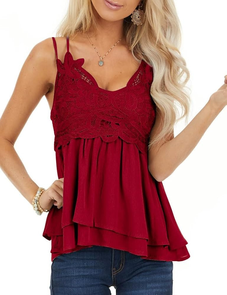 Feager Women's Lace Tank Tops Summer Chiffon Spaghetti Strap Cami Sleeveless Shirts Babydoll Tops | Amazon (US)