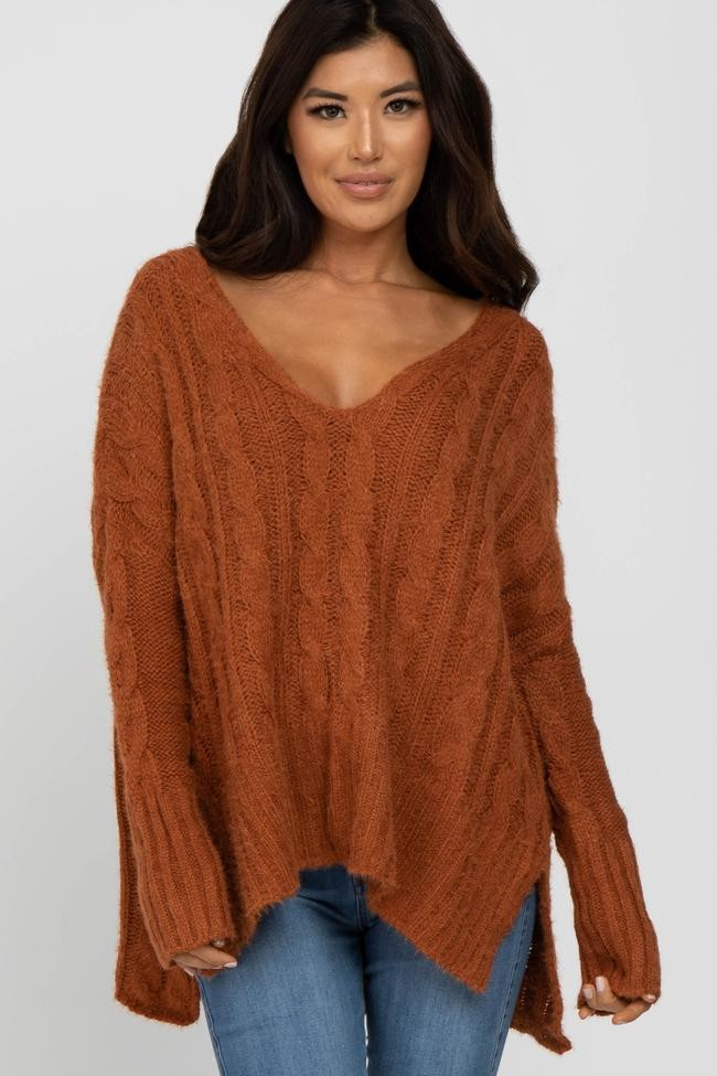 Camel V-Neck Side Slit Cable Knit Sweater | PinkBlush Maternity