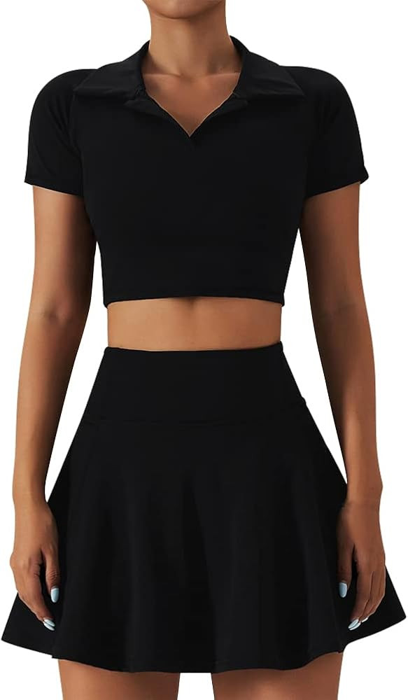 2 Piece Tennis Dress for Women High Waist Pleated Tennis Skirt with Shorts Short Sleeve Crop Golf... | Amazon (US)