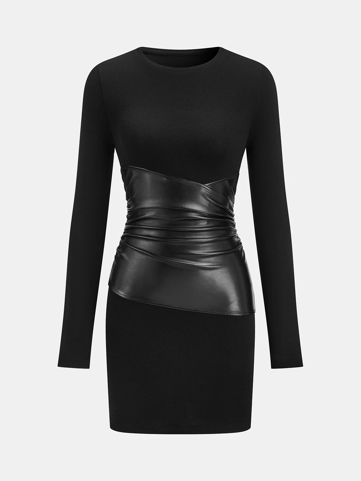 PU Leather Panel Long Sleeve Knit Dress | Commense