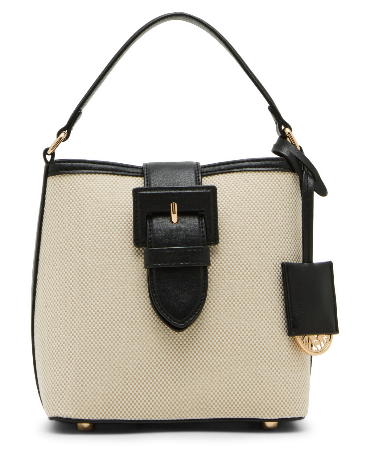 Anne Klein Covered Buckle Convertible Strap Bucket Bag - Tan-Cream/Black | Macy's