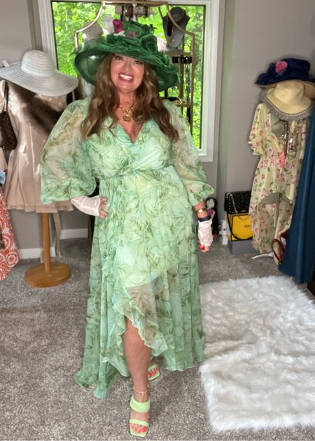 This was my Kentucky Derby vibes💚💚💚. A Sheer fabric with a subtle palm 🌴🌴🌴 print. I added some fun flowers and vintage broaches to add pizazz to my derby hat. #LTKparties #LTKmidsize

#LTKSeasonal