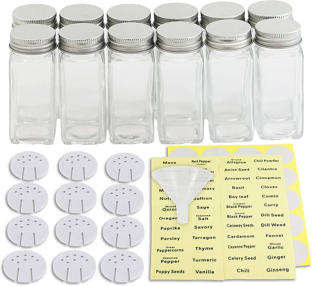 SimpleHouseware Spice Jars 4 Ounce Square Bottles w/label, 12 Pack | Amazon (US)