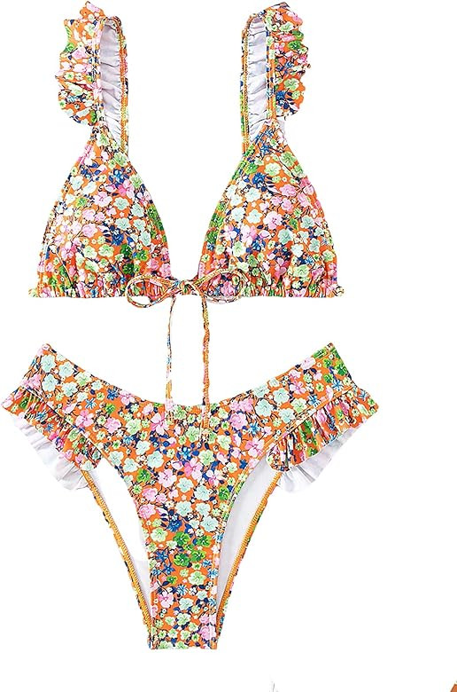 WDIRARA Women's Floral Print Tie Front Frill Trim Triangle Bikini Swimsuit | Amazon (US)