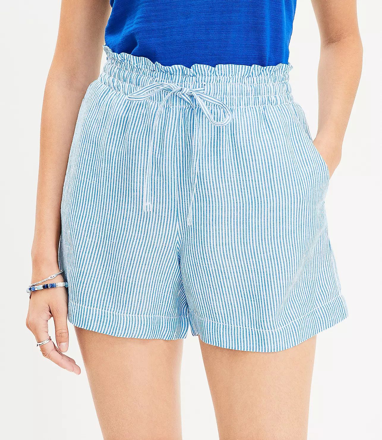 Pull On Linen Blend Shorts in Stripe | LOFT