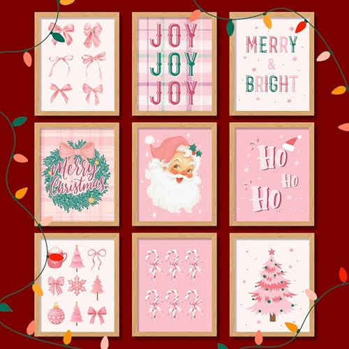97 Decor Pink Christmas Wall Decor - Vintage Christmas Wall Art, Pastel Xmas Holiday Prints Winter Pictures Aesthetic, Preppy Merry Christmas Poster For Bedroom Living Room Decorations (8x10 Unframed) | Amazon (US)