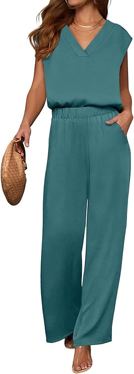 ANRABESS Conjuntos de 2 piezas para mujer, trajes de descanso de verano, cuello en V, manga casqu... | Amazon (US)