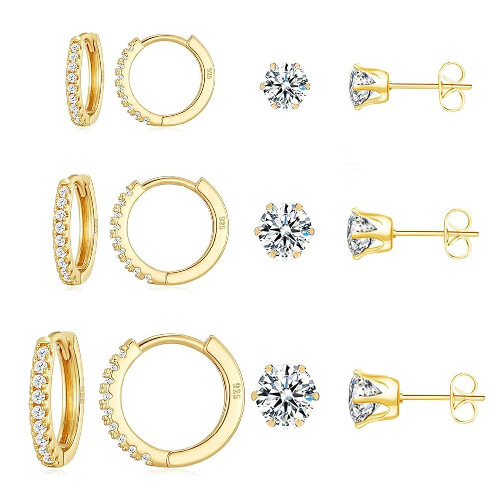 KesaPlan Huggie Hoop and Stud Earrings Set 14K Gold Plated 925 Sterling Silver Post Cartilage Pie... | Amazon (US)