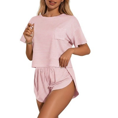 Women's Striped Short Sleeve & Shorts Loungewear Set, Casual Crew Neck Top with Pocket for Sleep & Lounging Pink L | Target