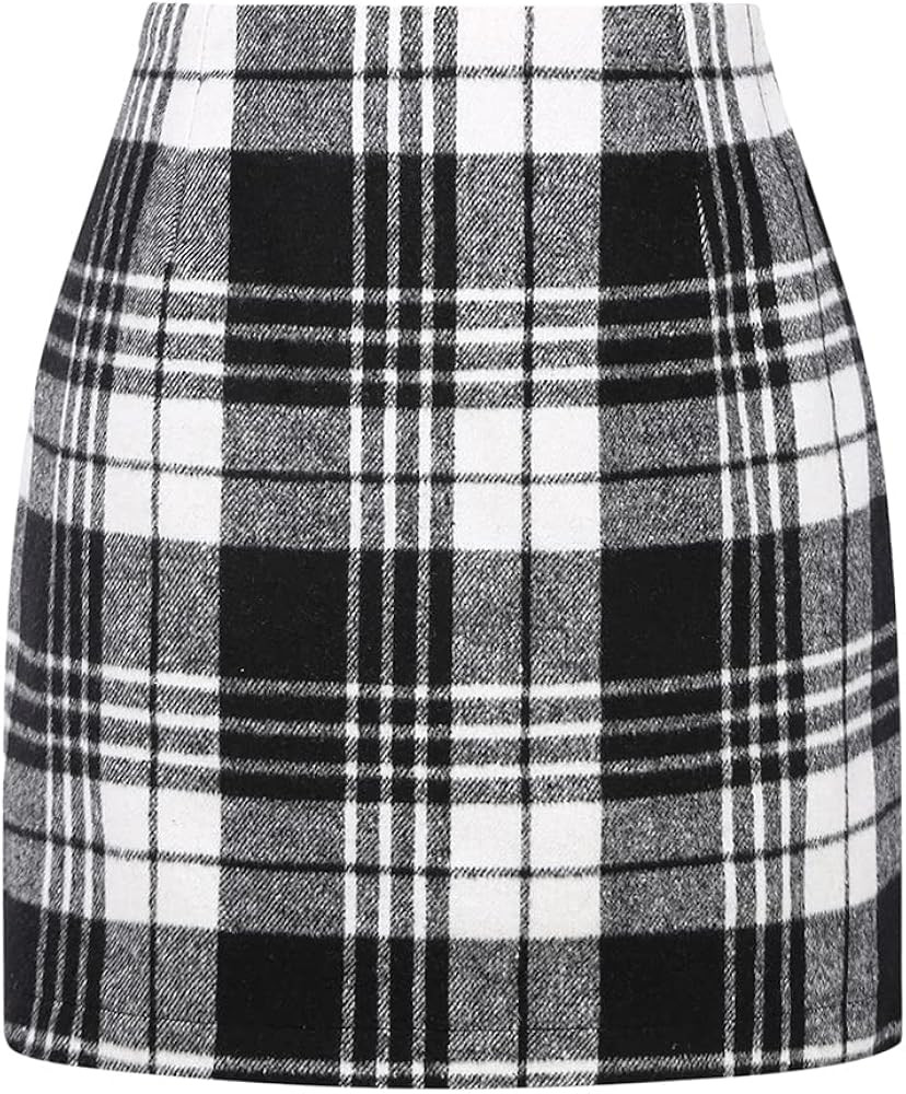 Kinghua Womens Wool Plaid Mini Skirt Fall Winter High Waisted Bodycon Pencil Skirt | Amazon (US)