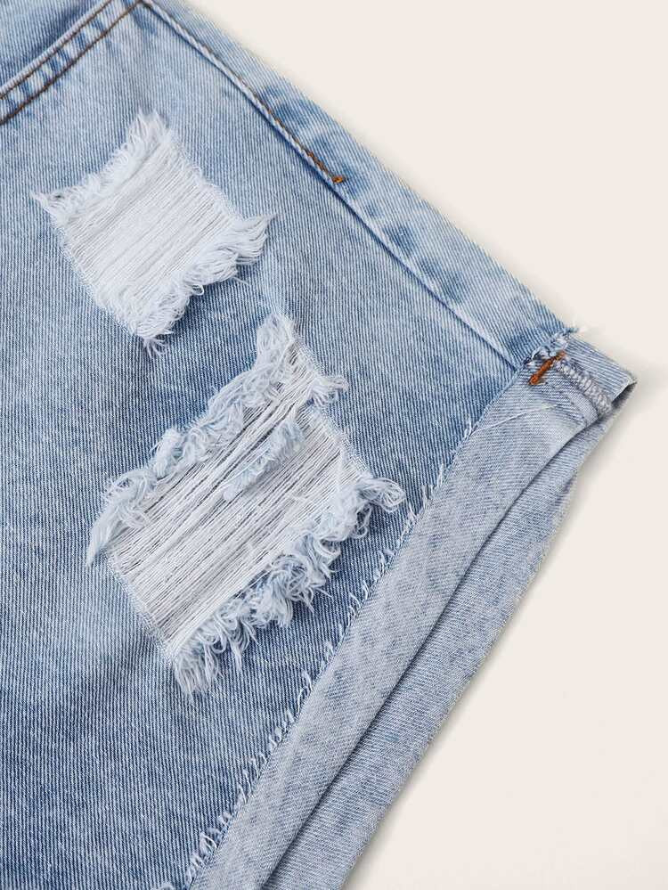 Light Wash Ripped Cuffed Denim Shorts | SHEIN