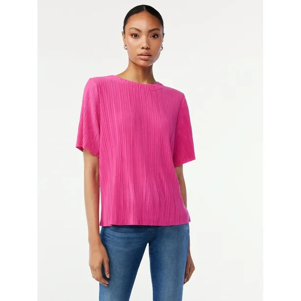 Scoop Women's Crinkle Knit Tee with Short Sleeves - Walmart.com | Walmart (US)