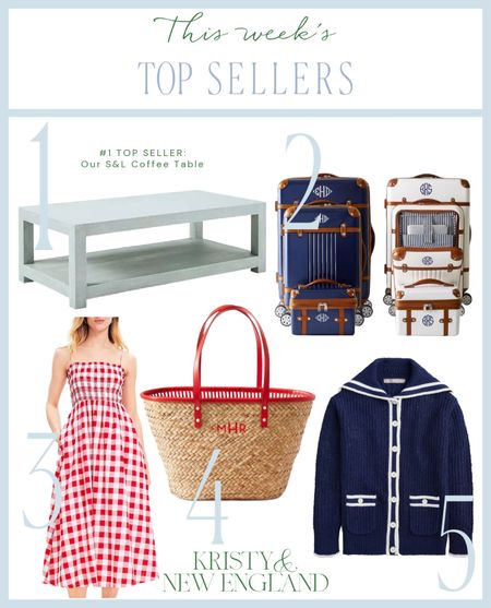 This week’s top sellers #1 Our coffee table (on sale) #2 luggage sets (on sale)  #3 picnic plaid maxi dress (on sale) #4 palm tote with red leather & striped lining #5 navy & blue sailor cardigan 

#LTKOver40 #LTKSaleAlert #LTKHome