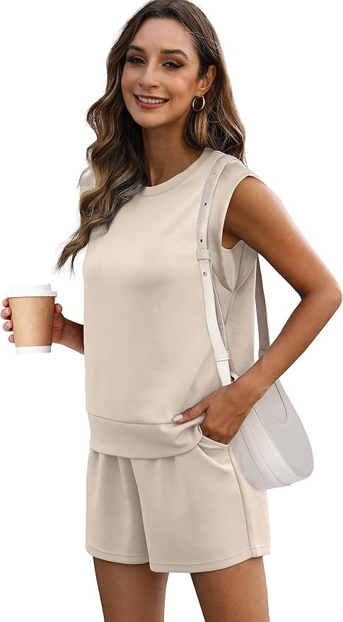 XIEERDUO Women's 2 Piece Cap Sleeve Short Sets Fashion Travel Outfits Comfy Airport Lounge Set Lo... | Amazon (US)
