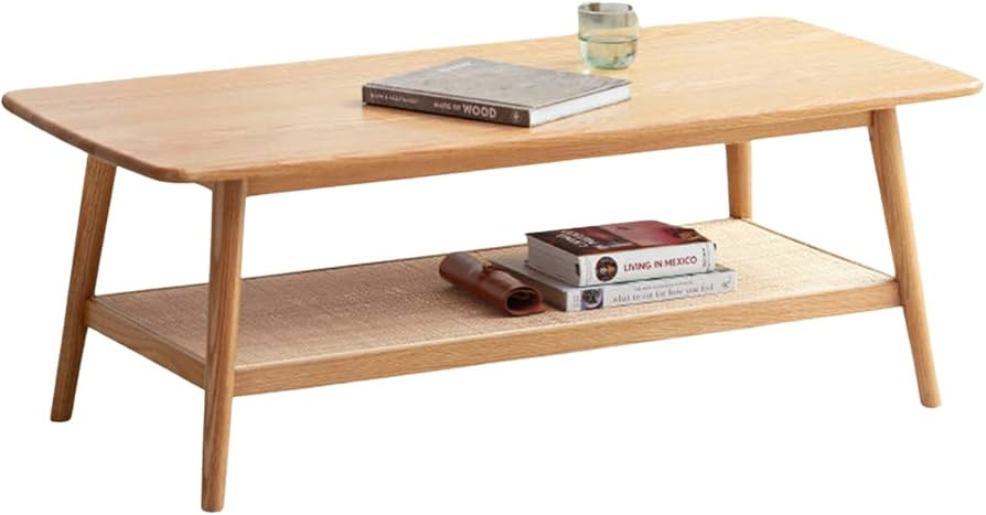 Wood Coffee Table - 2-Tier Oak Coffee Table with Rattan Shelf - Modern Coffee Table for Living Ro... | Amazon (US)