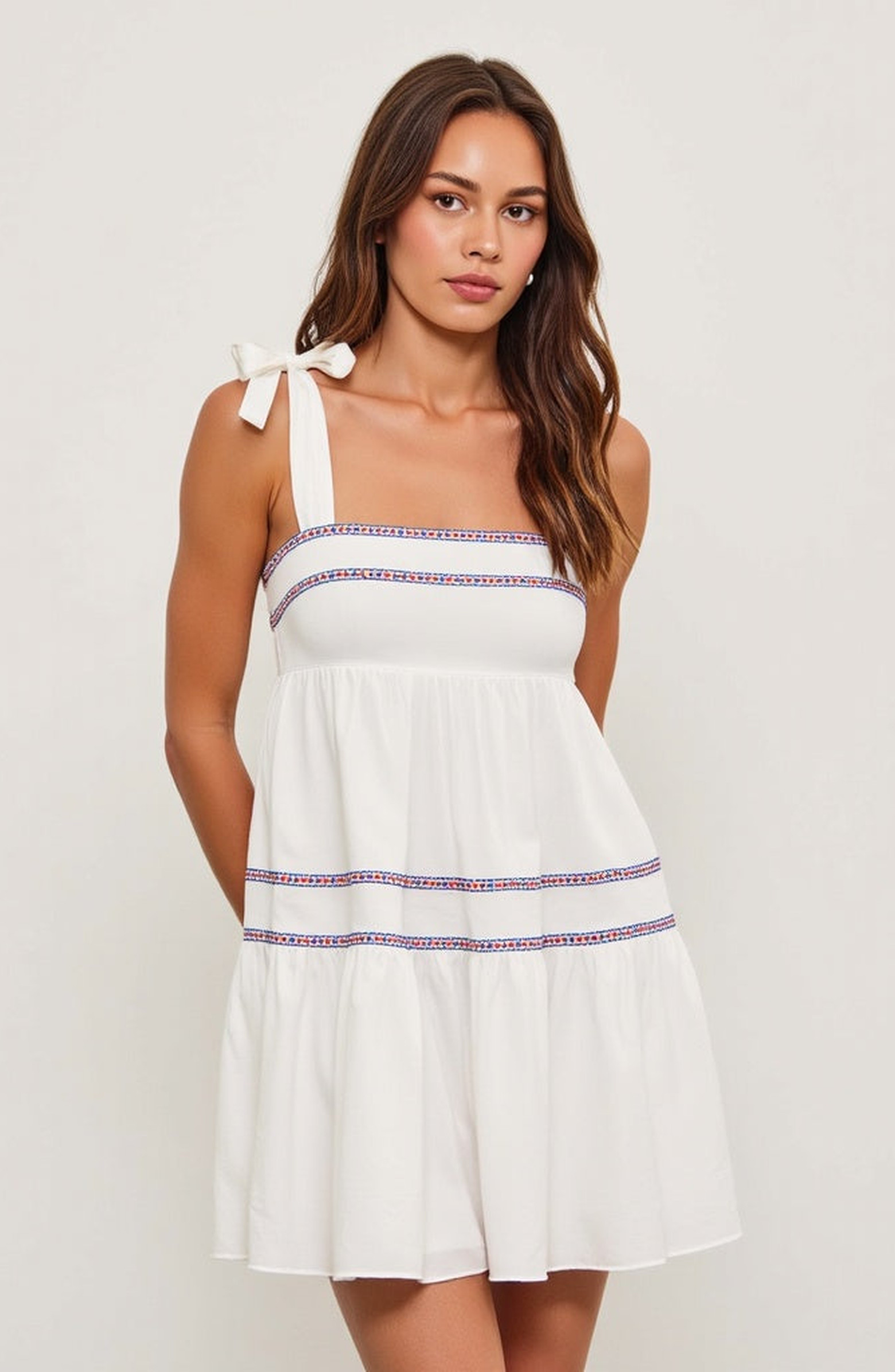 Sleeveless Tiered Mini Dress with Embroidered Trim and Tie Straps | Nordstrom
