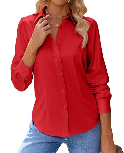 siliteelon Button Down Shirts for Women Stain Shield Long Sleeve Dress Shirts Stain Resistant Work Office Blouses Red M | Amazon (US)