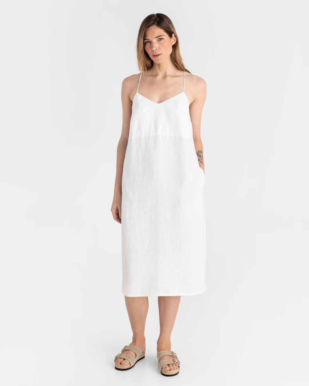 Linen Dress MARFA. White Linen Dress for Women. Midi Sleeveless Linen Dress With Spaghetti Strap.... | Etsy (US)