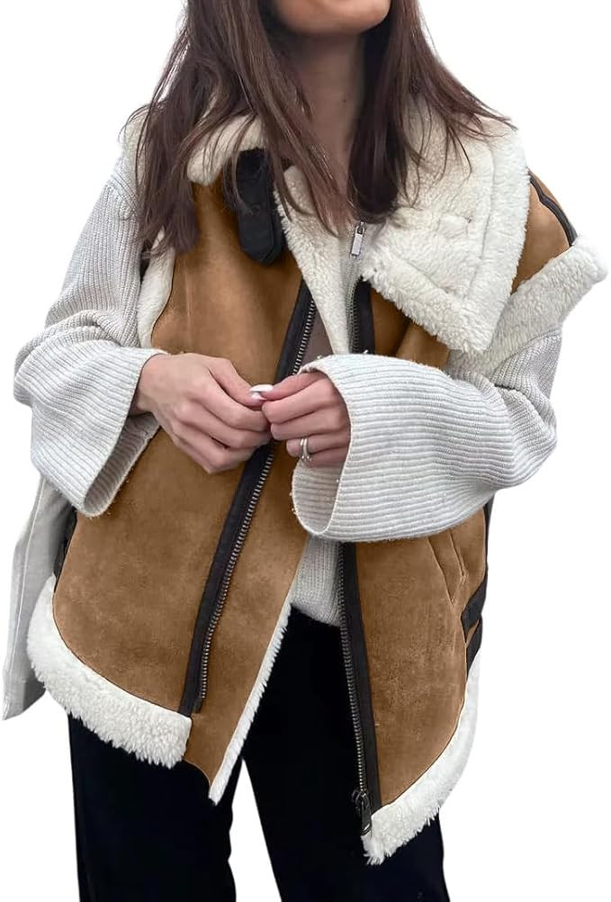 loveimgs Women's Winter Warm Suede Sherpa Leather Vest Jacket Zip Up Sleeveless Lambwool Fur Coat... | Amazon (US)