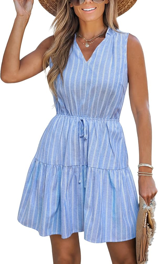 CUPSHE Womens Summer Dresses V Neck Sleeveless Striped Tiered Ruffle Drawstring A Line Beach Outf... | Amazon (US)