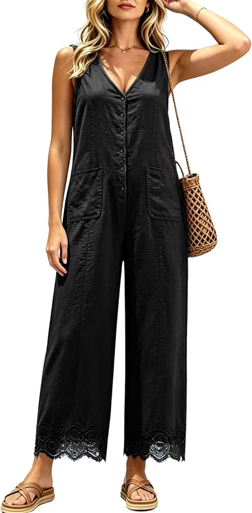 AMEBELLE Women Button Down Jumpsuits Sleeveless Overalls V Neck Wide Leg Flowy Rompers with Pocke... | Amazon (US)