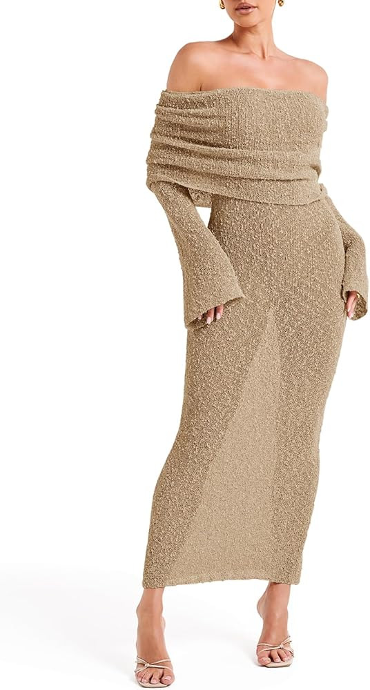 Saodimallsu Womens Off Shoulder Summer Maxi Dress Bell Long Sleeve Sexy Bodycon Strapless Sheer B... | Amazon (US)