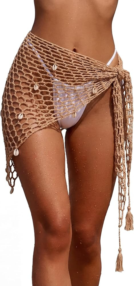 Geyoga Women Crochet Cover-ups Skirt Triangle Shawl Mermaid Skirt Hollow out Swimwear Shell Beach... | Amazon (US)