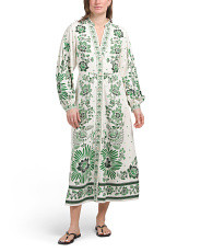 Linen Blend Long Sleeve V-Neck Midi Dress With Crochet Trim | Marshalls