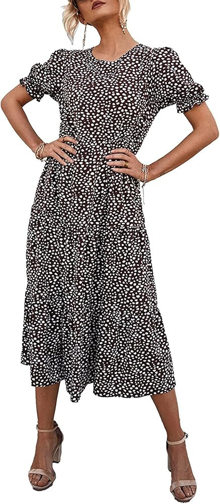 PRETTYGARDEN Women's Summer Casual Boho Dress Floral Print Ruffle Puff Sleeve High Waist Midi Bea... | Amazon (US)