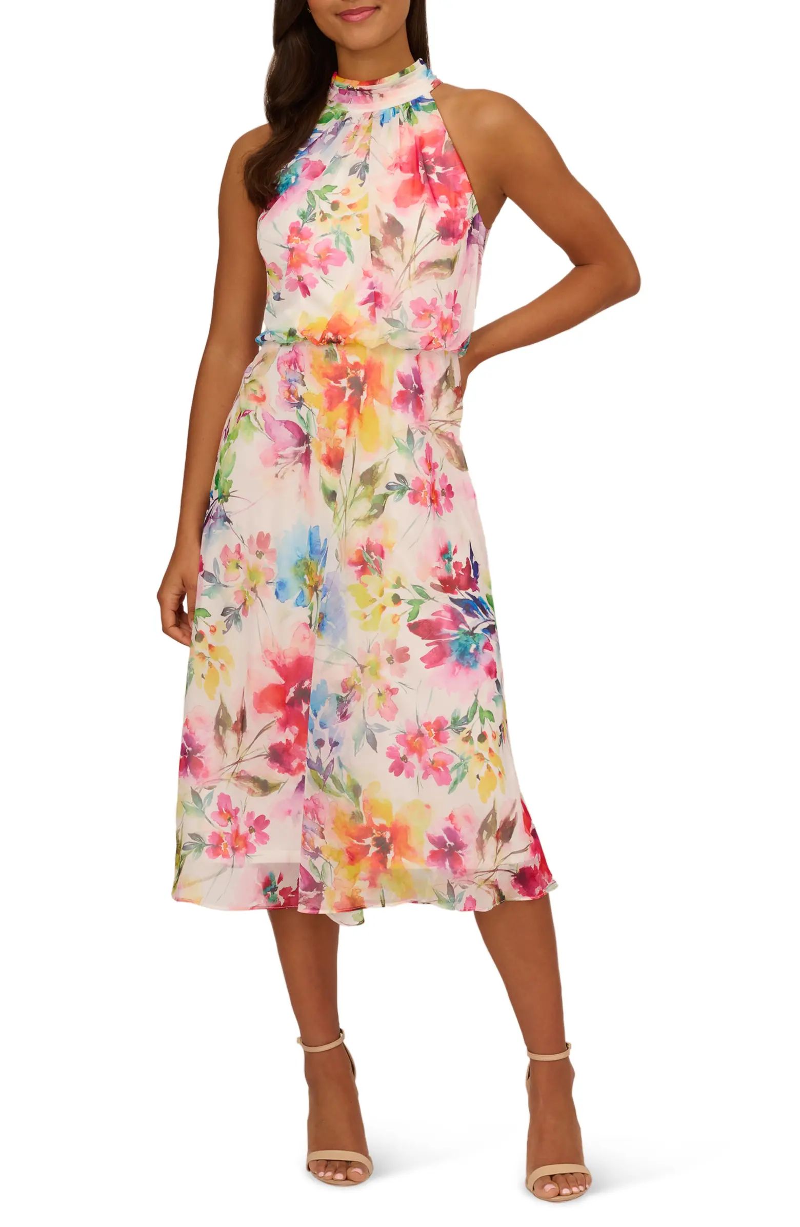 Floral Mock Neck Chiffon Midi Dress | Nordstrom
