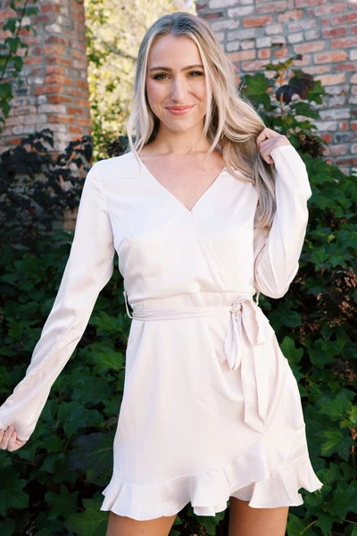 Sea Cruise Satin Wrap Dress Romper, Champagne | North & Main Clothing Company